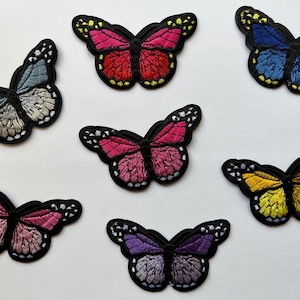 Set of 7 Embroidered Butterfly Iron-On Patches 3 Inch, Pastel Pink, Gold-Yellow, Blue, Pink, Purple, Red, Blue Silver-Individual or Full Set