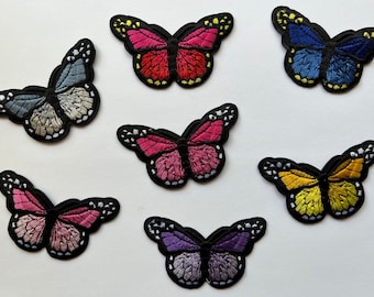 Set of 7 Embroidered Butterfly Iron-On Patches 3 Inch, Pastel Pink, Gold-Yellow, Blue, Pink, Purple, Red, Blue Silver-Individual or Full Set