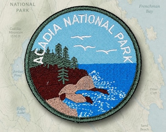 Acadia National Park Patch, Maine Coastal Souvenir, 3in Embroidered Iron On Badge, Hiking Travel Gift