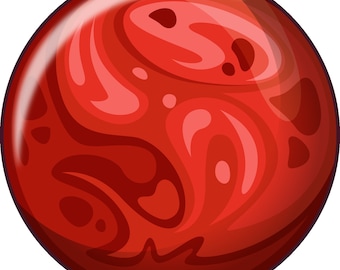 Puede incluir: Ilustración de dibujos animados de un planeta rojo con forma esférica y brillante. El planeta presenta patrones arremolinados en varios tonos de rojo, con áreas más claras que crean una sensación de profundidad y textura. El diseño general es simple y vibrante.