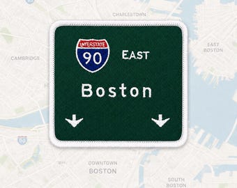 Massachusetts-patch Boston verkeersbord straat reizen souvenir stad snelweg Interstate opstrijkbaar geborduurd 3,5 x 3 in