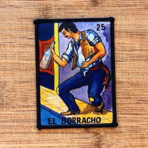 El Borracho Lotería Card Patch - 3.5x2.5 Inch Embroidered Iron-On Patch, Mexican Lotería Art, Vintage Style for Jackets, Bags, and Hats