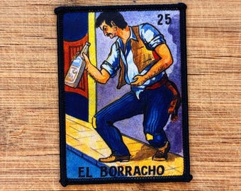 El Borracho Lotería Card Patch - 3.5x2.5 Inch Embroidered Iron-On Patch, Mexican Lotería Art, Vintage Style for Jackets, Bags, and Hats