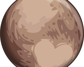 May include: A cartoon illustration of the planet Pluto. The planet is a sphere with a light brown and dark brown color scheme. The surface has a heart-shaped feature and other irregular shapes.