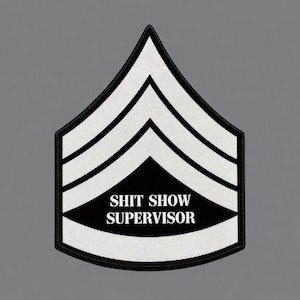 Shit Show Supervisor Vinyl Sticker, Funny Work Humor Decal with Chevron Stripes for Boss or Coworker Gift 4.5x3.5in