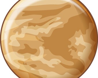 Puede incluir: Ilustración digital del planeta Venus, con un patrón arremolinado de tonos beige claros y oscuros. El planeta es redondo con una superficie brillante y reflectante, sobre un fondo negro.