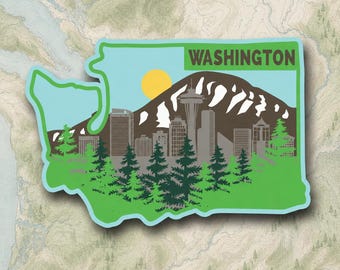 Washington State Vinyl Sticker, Seattle Skyline Decal, Pacific Northwest PNW Travel Souvenir, Space Needle Mountain Forest 4x2.75in