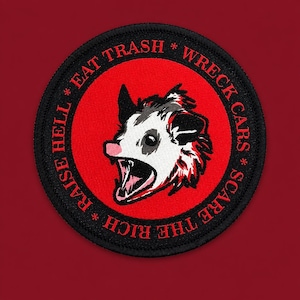 Punk Patch, Possum Patch, Opossum Iron On, Eat Trash Raise Hell Funny Animal Woven Badge 3in