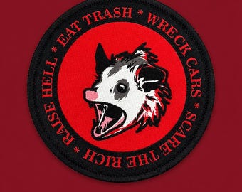 Punk Patch, Possum Patch, Opossum Iron On, Eat Trash Raise Hell Funny Animal Woven Badge 3in