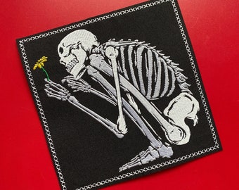 Gothic Skeleton Holding Yellow Flower Iron On Applique Patch 6 Inches