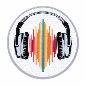 Headphone Patch 3” Round Iron-On PVC/Fabric – Color Audio Waveform Equalizer, DJ Studio Gear Badge