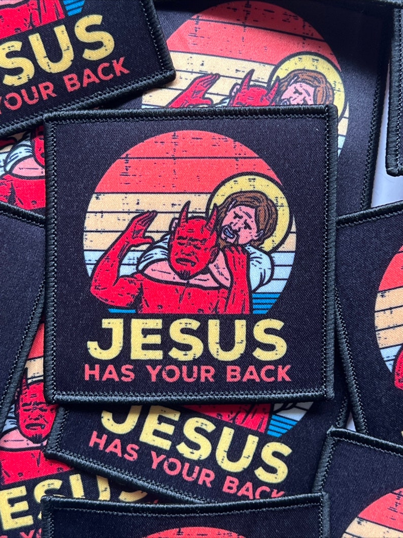 Collage featuring a 3-inch patch showing Jesus employing a Brazilian Jiu-Jitsu rear naked choke on the Devil, accentuated with a vibrant, retro color palette.