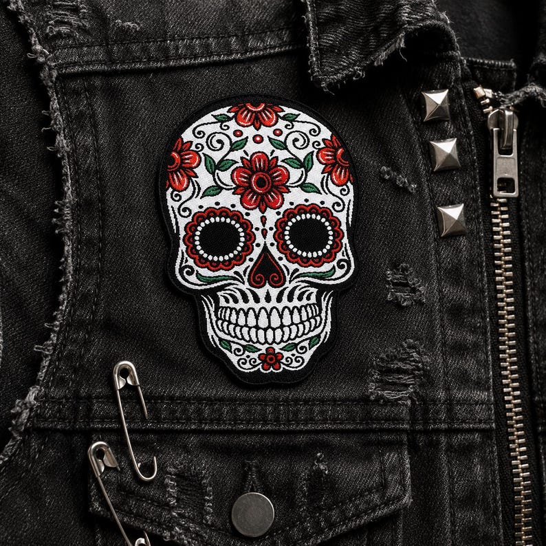 Sugar skull embroidered patch displayed on a distressed black denim punk jacket with metal studs, zipper details, and safety pins.