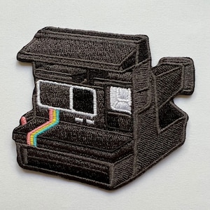 Retro Instant Camera Iron-On Patch - 3 x 2.5 Inch Embroidered Black Camera with Rainbow Detail - Vintage Photography Applique