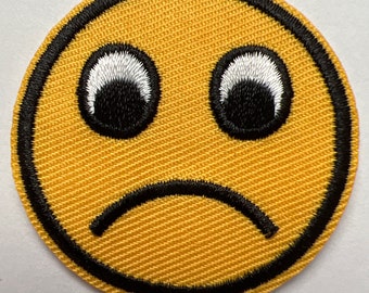 Sad Upset Frown Emoji Iron On Patch Durable & Colorful 1.75 Inches