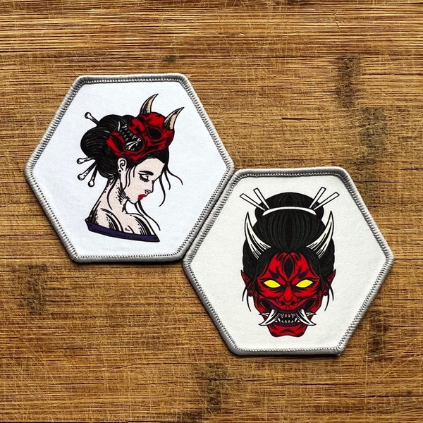 Japanese Geisha And Oni Demon 3 Inch Iron On Patches - 2 Design Choices