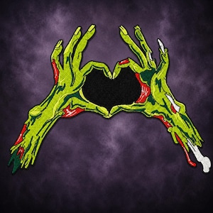 Large Zombie Hands Heart Iron-On Patch | 9.75x6.75 inches | Gothic Horror Embroidery for Jackets & Bags
