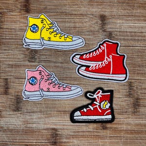 Retro Converse Style Iron-On Patch – Red, Pink, Yellow Sneaker Embroidered Applique for Jackets, Backpacks, and Jeans