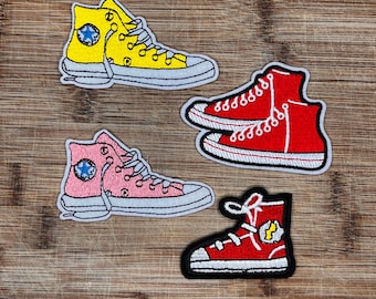 Naszywka do prasowania w stylu retro Converse – haftowana aplikacja w kolorze czerwonym, różowym i żółtym na buty sportowe, idealna na kurtki, plecaki i jeansy