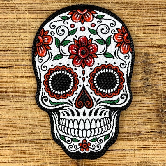 Sugar Skull Patch – Day of the Dead 3x2" Woven Iron-On (Sew On) Appliqué, Colorful Dia de los Muertos for Jackets & Bags