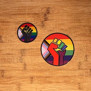 Trans Pride Pride Sticker + Iron On Patch Set, Progress Pride Fist Design, Waterproof Water Bottle Sticker 4in, 2.5in Patch