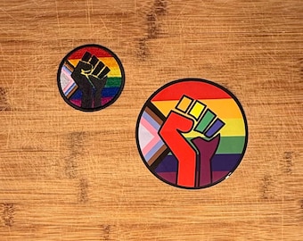 Trans Pride Pride Sticker + Iron On Patch Set, Progress Pride Fist Design, Waterproof Water Bottle Sticker 4in, 2.5in Patch