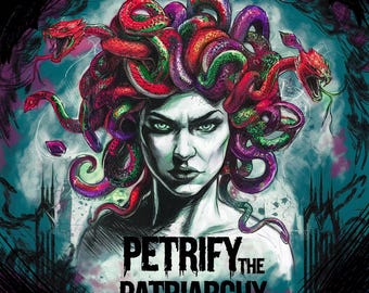 Vinylsticker Medusa - Petrify the Patriarchy feministische Griekse mythologie sticker voor laptop en bidon