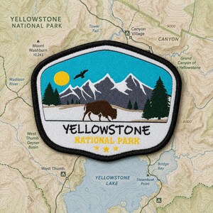 Yellowstone National Park Patch, Bison Embroidered Iron On Badge, Mountain Wildlife Travel Souvenir Gift 3.75x3in