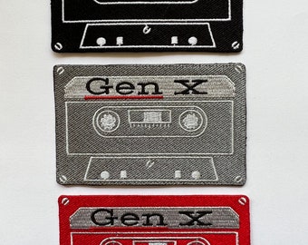 Cassette Tape Gen X Iron-On Patch 4x2.5 Inch Black Gray or Red Retro Design