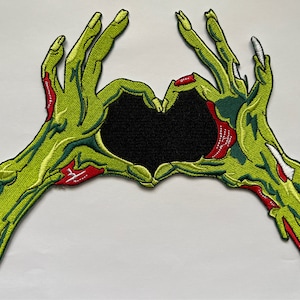 Large Zombie Hands Heart Iron-On Patch | 9.75x6.75 inches | Gothic Horror Embroidery for Jackets & Bags