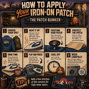 Patch Bunker iron-on patch instruction graphic showing eight illustrated steps for applying a patch with an iron, including choosing placement, heating the iron, pressing, cooling, washing carefully, and adding stitches for high-wear spots.