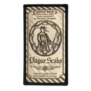 Vintage-style Plague Scabs apothecary patch featuring a plague doctor illustration and ornate lettering, centered on a clean white square background.