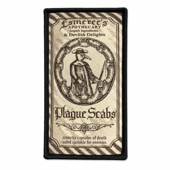 Plague Doctor Patch Apothecary Label Iron-On Vintage Horror 4x2.25in