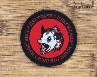 Possum Patch – Funny “Eat Trash Scare the Rich Raise Hell” Opossum Punk Jacket Hat Bag