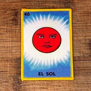Naszywka El Sol Lotería Card Patch - 3,5x2,5 cala, naszywka do prasowania, wzór słońca, meksykańska sztuka ludowa na kurtki, torby i czapki