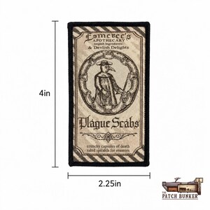 Square size-reference image of a vintage beige-and-black plague doctor patch on a white background, labeled 4 inches tall and 2.25 inches wide, with The Patch Bunker logo in the lower-right corner.