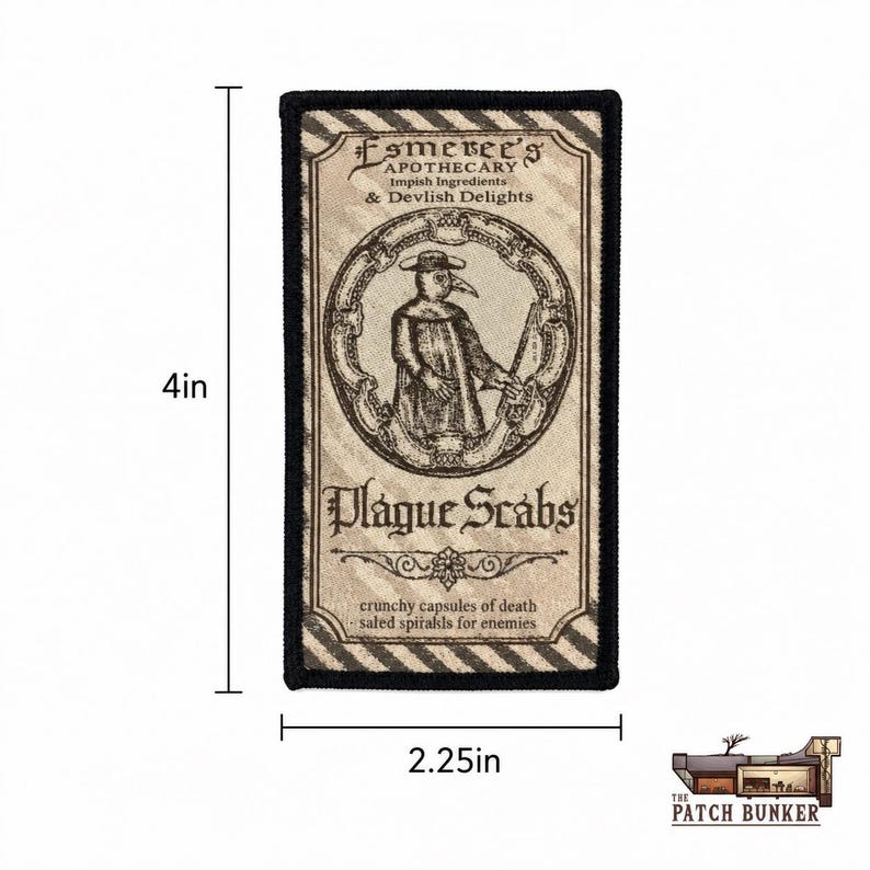 Square size-reference image of a vintage beige-and-black plague doctor patch on a white background, labeled 4 inches tall and 2.25 inches wide, with The Patch Bunker logo in the lower-right corner.
