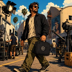 May include: A person with dark hair and sunglasses wears a black jacket, white t-shirt, and olive cargo pants while carrying a black rectangular bag with a film reel logo. The scene is set on a film production lot with lighting equipment.