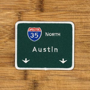 I-35 Austin Road Sign Iron-On Patch – 3.5x3 Inch Embroidered Texas Highway Patch Travel Souvenir, Perfect for Jackets, Hats & Bags