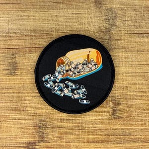 Skateboard Patch – Pill Bottle Mini Boards, 3in Woven Iron-On or Hook & Loop Velcro Patch, Skater Gift