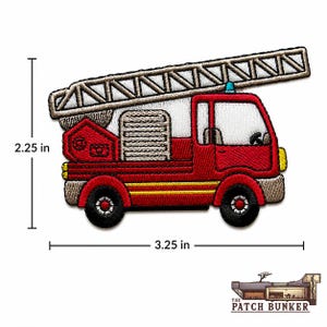 Fire truck embroidered patch shown on a clean white square background with measurement lines labeled 3.25 in wide and 2.25 in tall, with the Patch Bunker logo in the lower right corner.