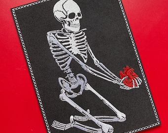 Gothic Skeleton Holding Heart Iron On Applique Patch 8.5 Inches