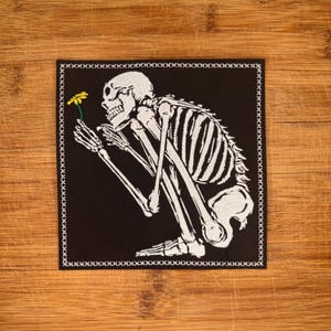 Skeleton Flower Patch 6x6 Iron-On, Memento Mori Goth Embroidered Patch, Kneeling Skeleton Dark Aesthetic Battle Jacket