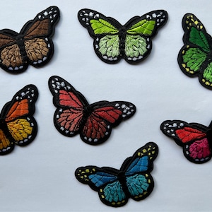 Choose from 7 Embroidered Butterfly Iron-On Patches - 3 Inch, Green, Red, Orange, Blue, Pink, Brown - Customizable Individual or Full Set