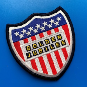 Golden Jubilee Shield Patch - 3.75x3.5" Embroidered Sew On Badge - Patriotic Stars & Stripes Design