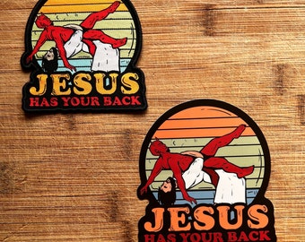 Jesus Has Your Back Christian Jiujitsu Wrestling Iron-On Patch 3.5 Inches & Vinyl Sticker 4 Inches