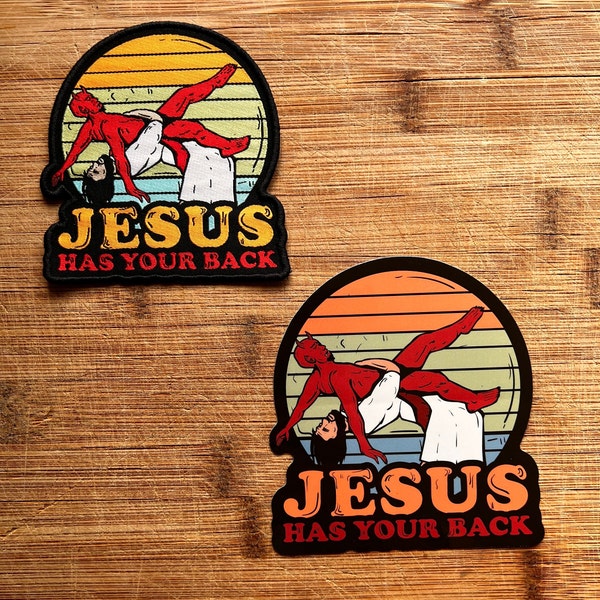 Jesus Has Your Back Christian Jiujitsu Wrestling Iron-On Patch 3.5 Inches & Vinyl Sticker 4 Inches