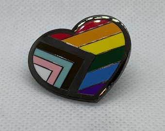 Pride Enamel Pin Heart, Progress Pride Flag Lapel Pin, Pride Gift, 1.25 Inch Rainbow Pride