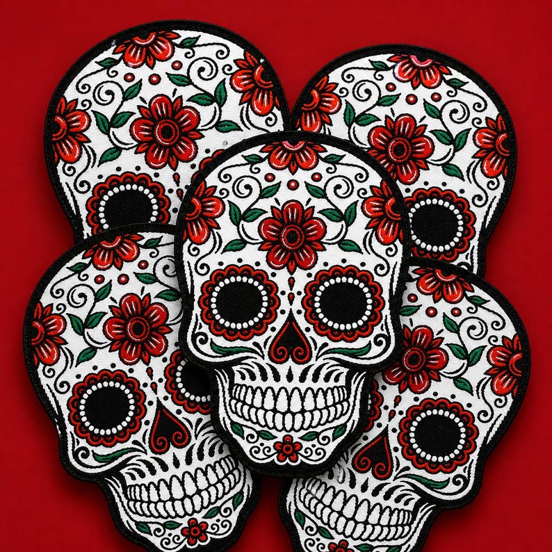 Loose pile of Day of the Dead sugar skull embroidered patches with red flowers, green leaves, black scrollwork, and bold black borders on a deep red square background.