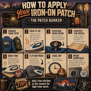 Patch Bunker iron-on patch instruction graphic showing eight illustrated steps for applying a patch with an iron, including choosing placement, heating the iron, pressing, cooling, washing carefully, and adding stitches for high-wear spots.